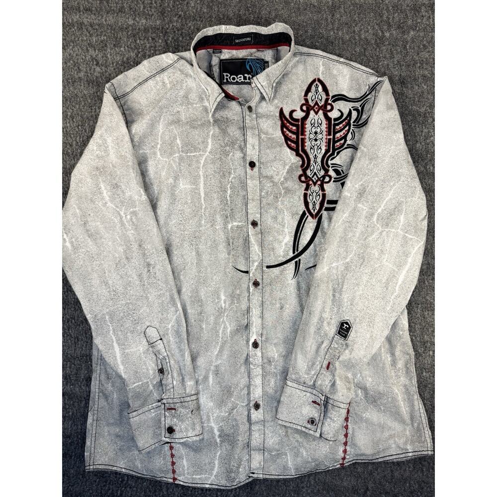 Mens Signature Roar Gray Button Up Longsleeve Shirt Black & Red Embroidery 2X